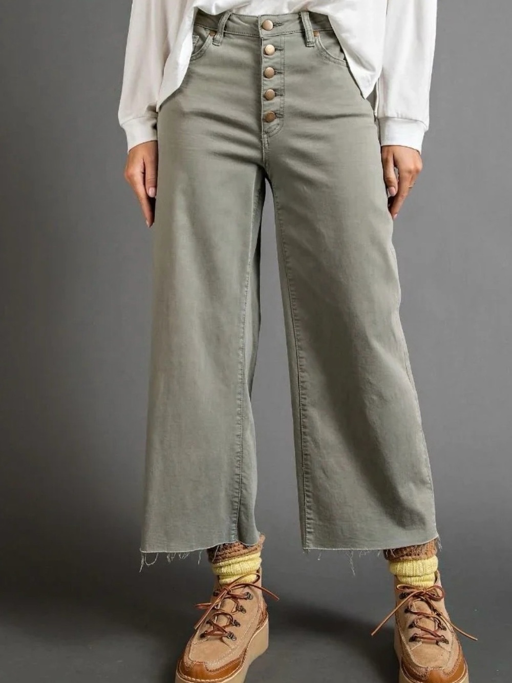 Easel Wide Leg Button From Twill Pants Olive Size M